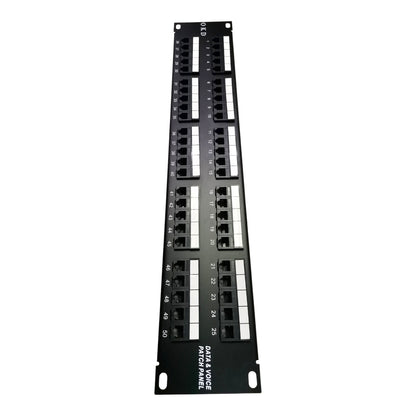 A black 24-port patch panel with RJ45 ports, featuring white printed labels and numbers for port identification, shown on a plain white background.