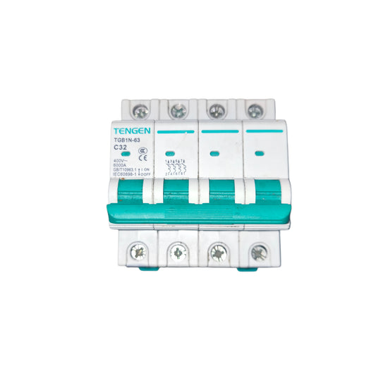 Circuit breaker with Tengen branding on a white background Tengen 32A 4Pole Miniature Circuit Breaker 6KAIC 220V 60HZ TGB1N-63 32A4P Electx Electrical SUpply