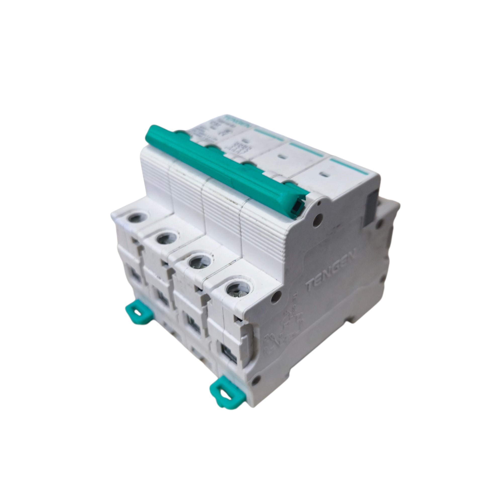 Electrical circuit breaker with green accents on a white background