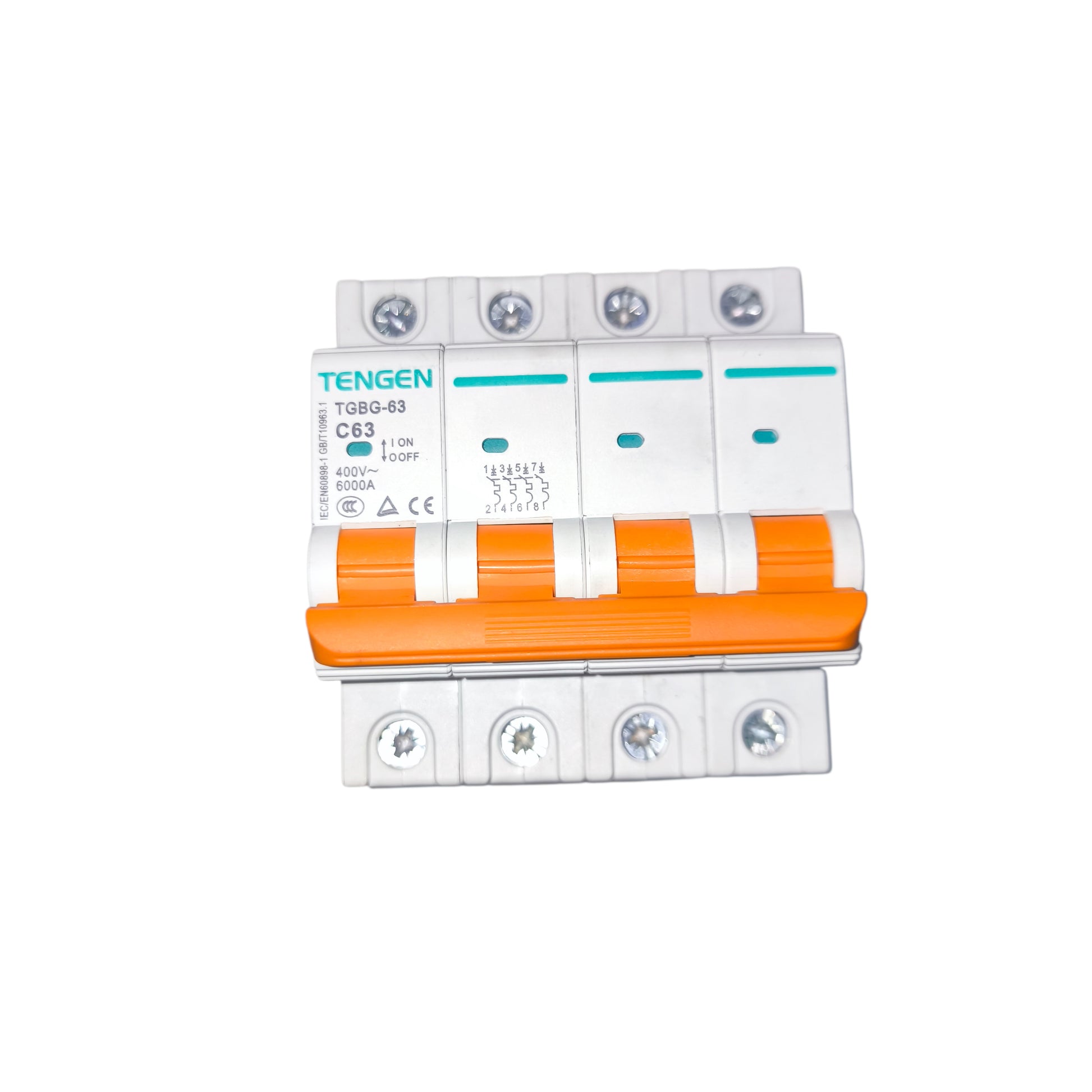 Electrical breaker with orange and white design on a white background