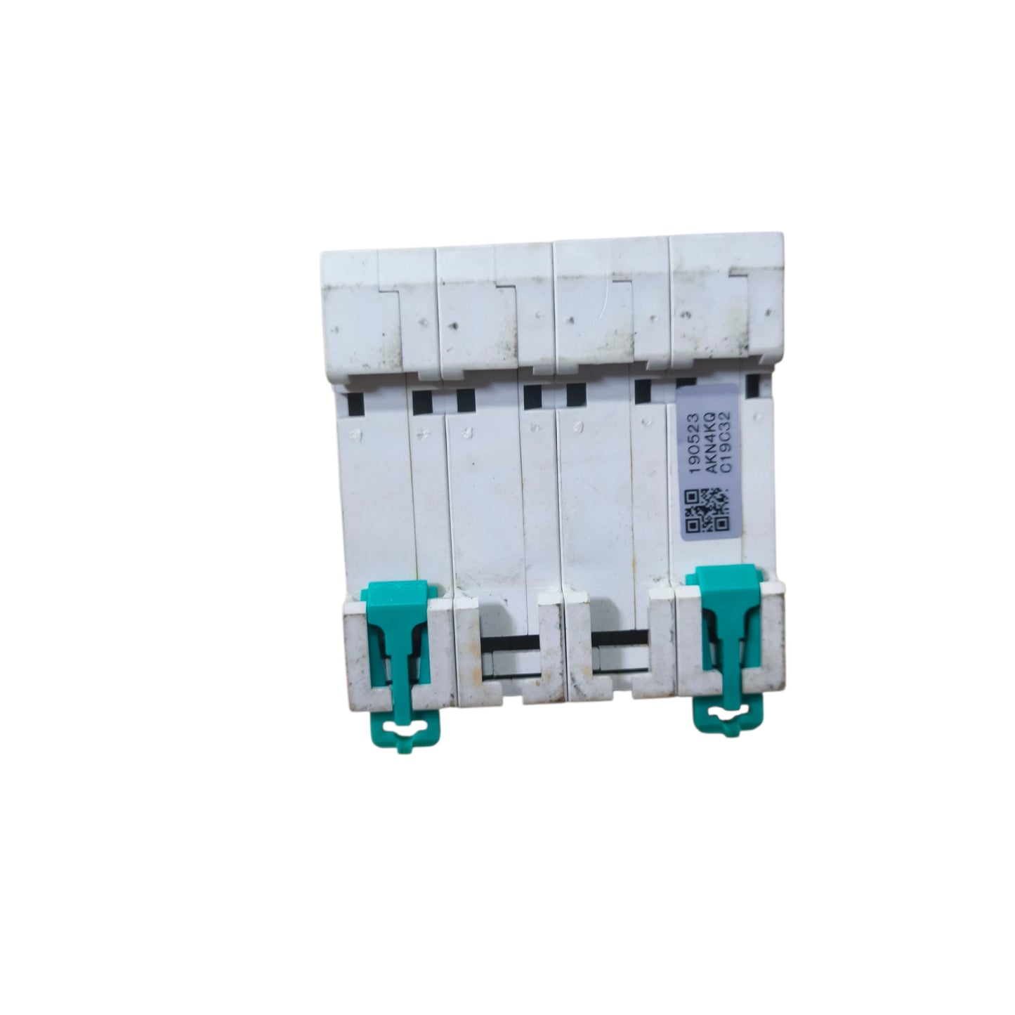 Electrical breaker panel with multiple circuits on a white background