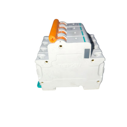 Electrical circuit breaker with orange handle on a white background