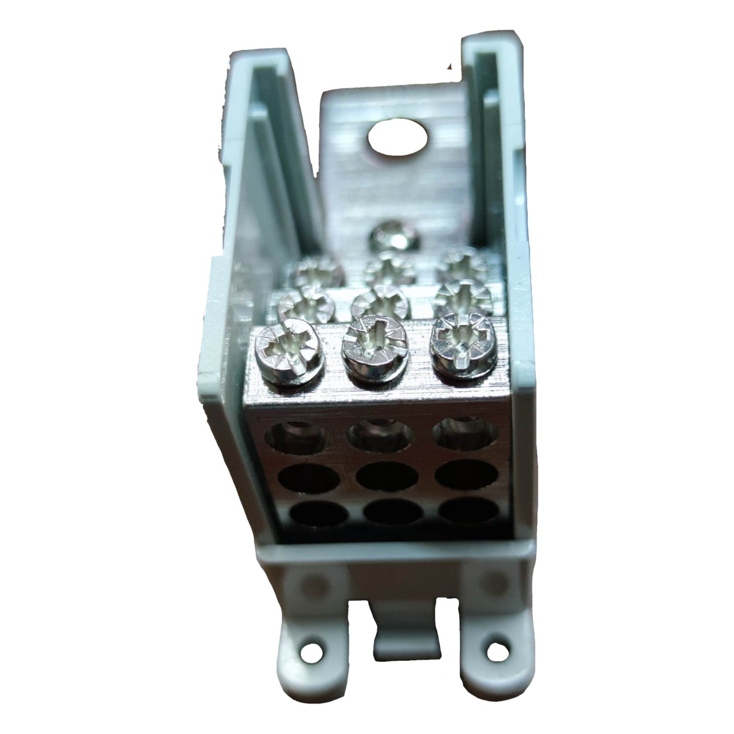 Metal electrical connector with screws on a white background