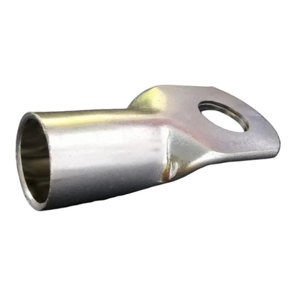 Metal cable terminal with a hole on a white background