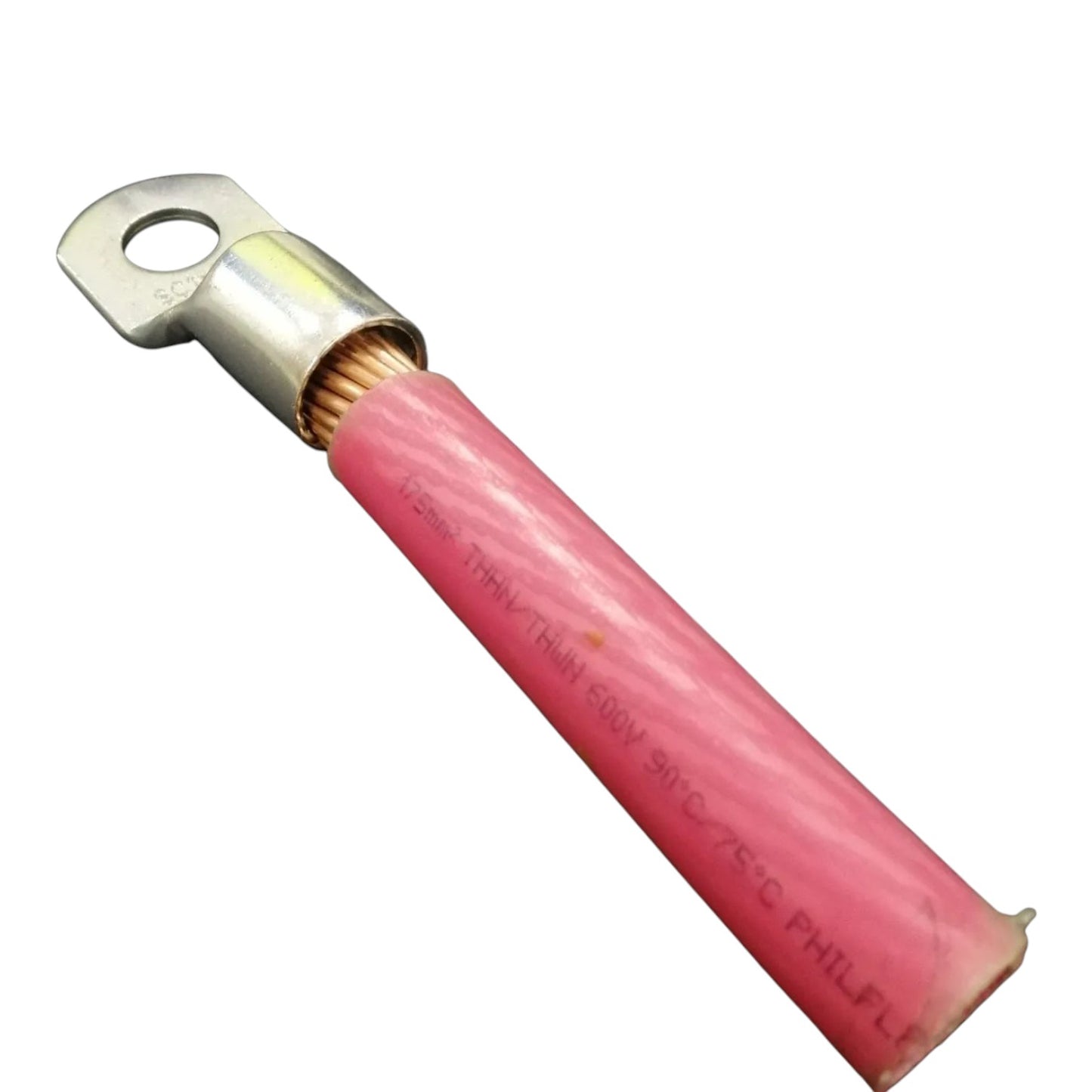 Pink-handled tool with metallic end on a white background