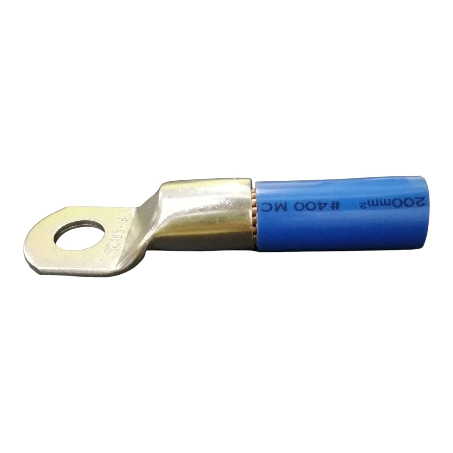 Electrical wire connector with blue insulation and gold metal end on a white background