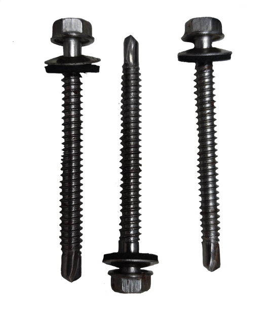 Three metal Tex Screw 6mmx 70mm Nut size 9mm screws with hex heads and attached washers