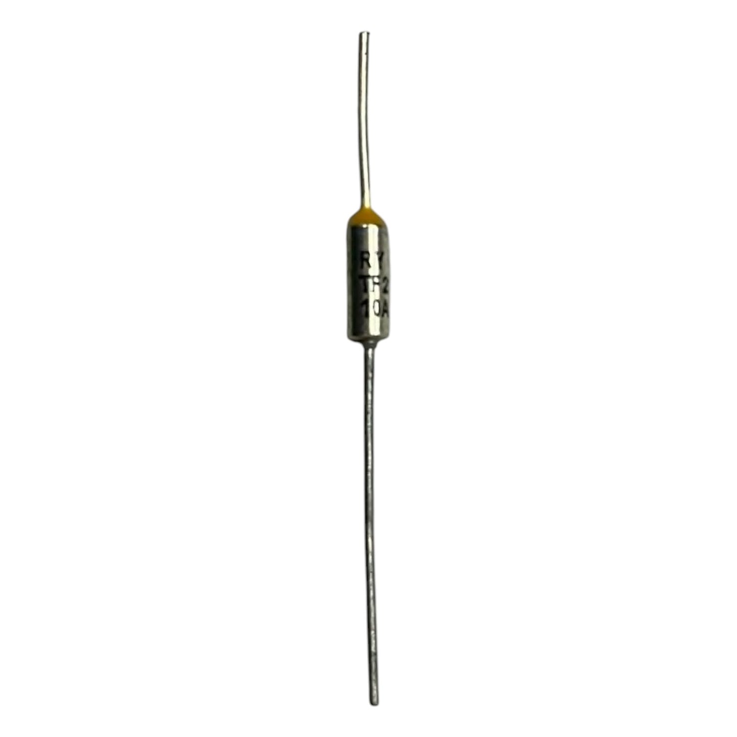 Thermistor with metallic leads on a white background