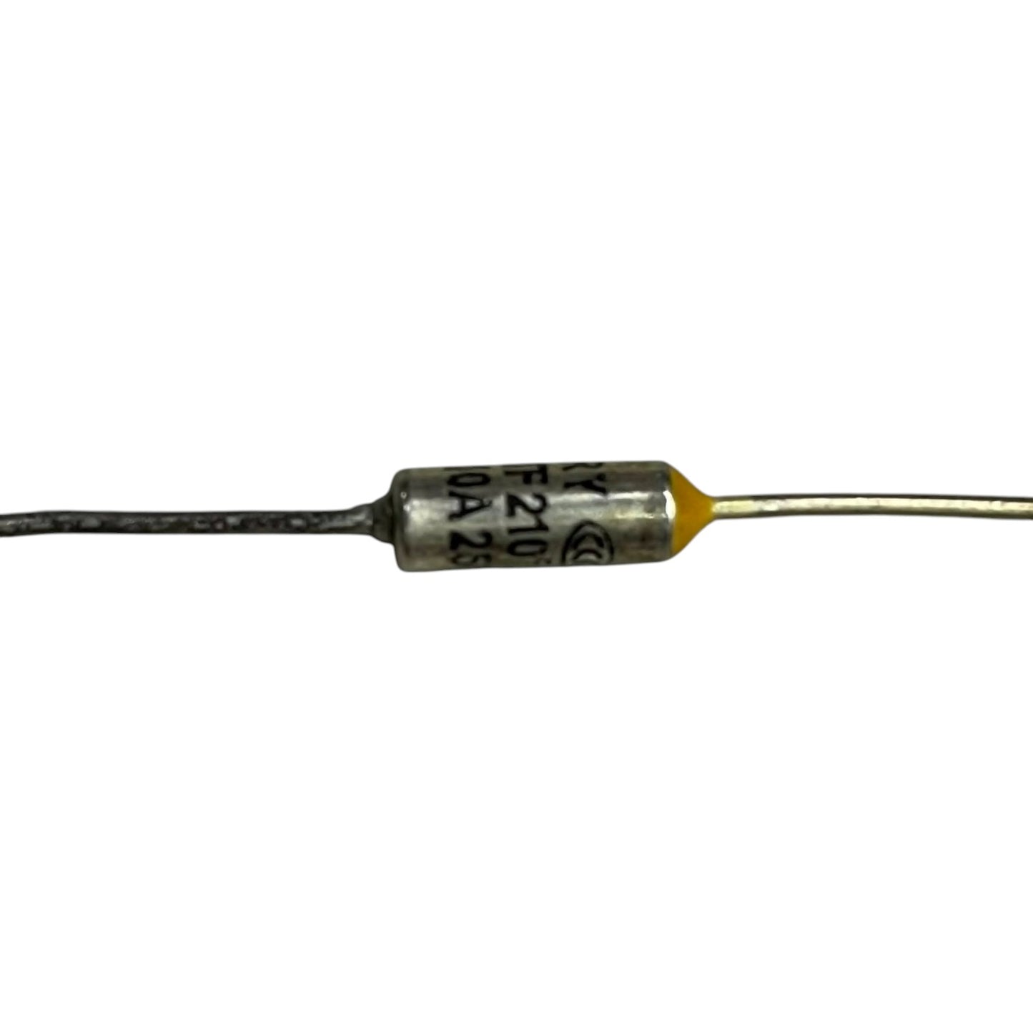 Capacitor with visible brand name on a white background