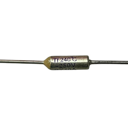 Metallic resistor with labeled temperature and voltage on a white background