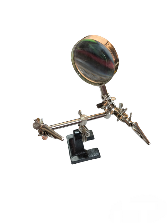 Third Hand Tool with Magnifying Glass and adjustable clamps on black base for precision work