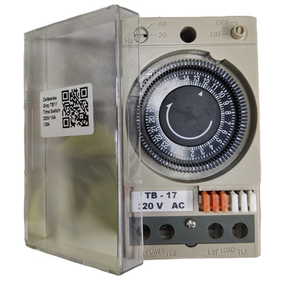 Mechanical timer switch with clear cover on a white background