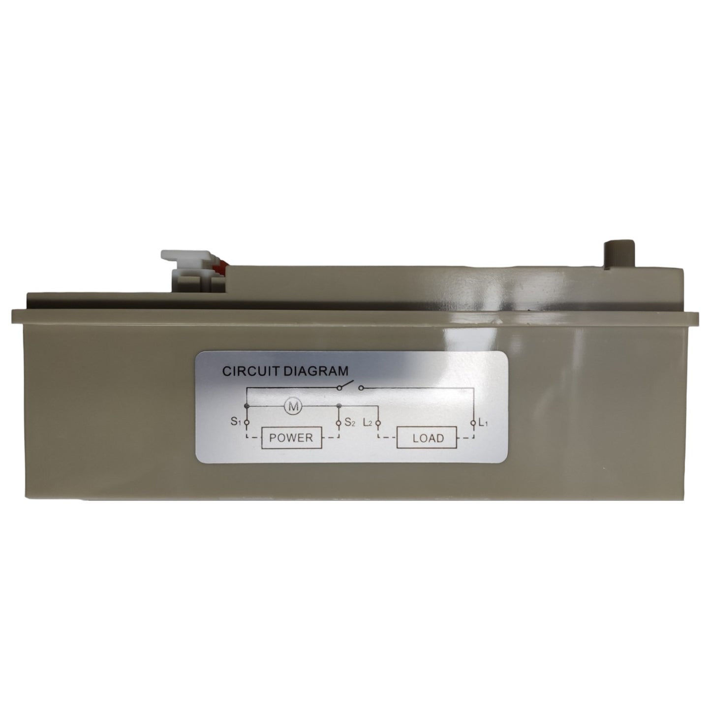 Rectangular metal component with a circuit diagram label on a white background