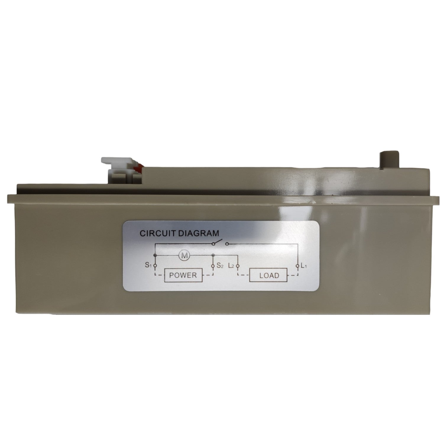 Rectangular metal component with a circuit diagram label on a white background