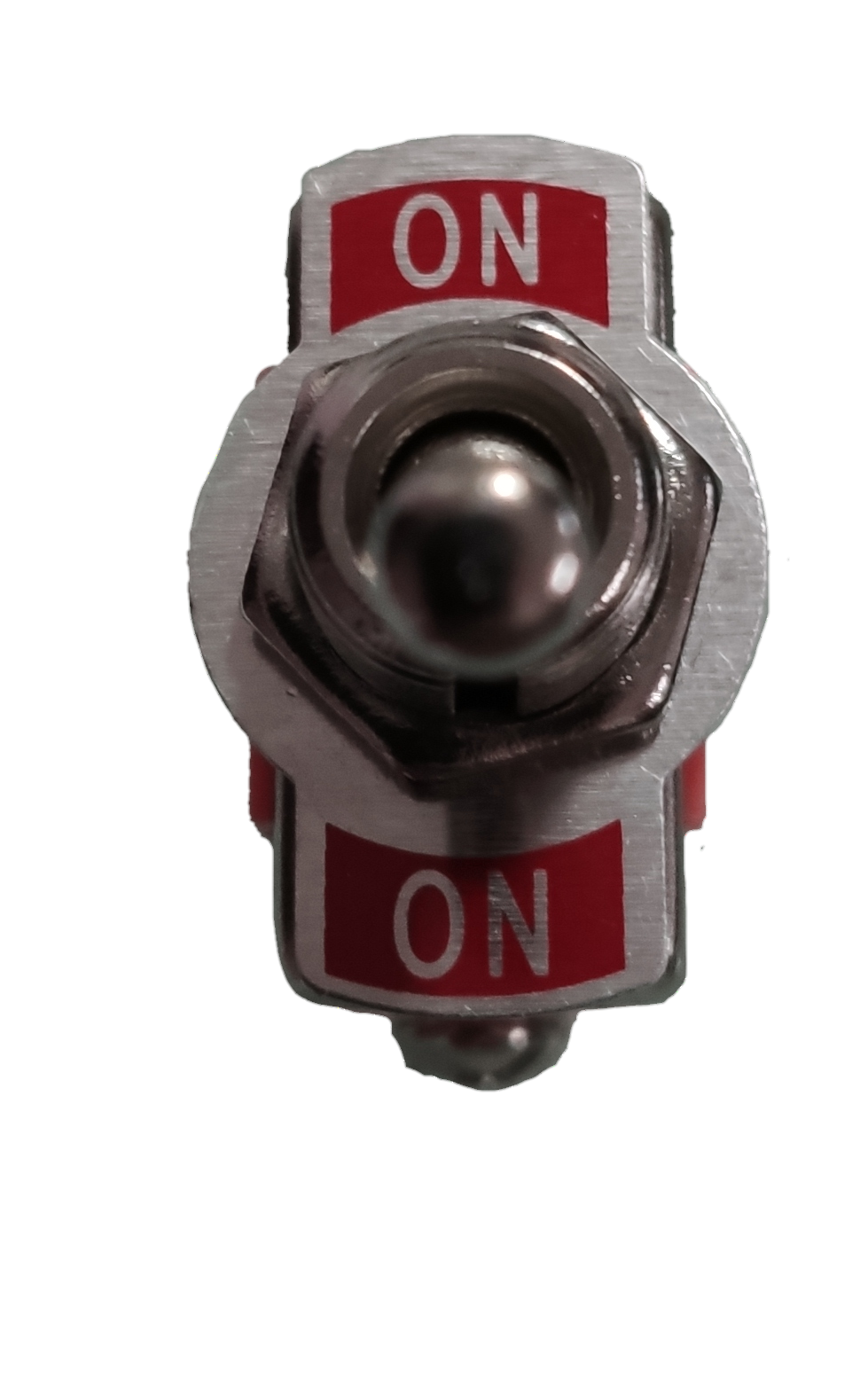 Toggle Switch SPST 15A 250V On-On metal lever switch with red On labels on black background
