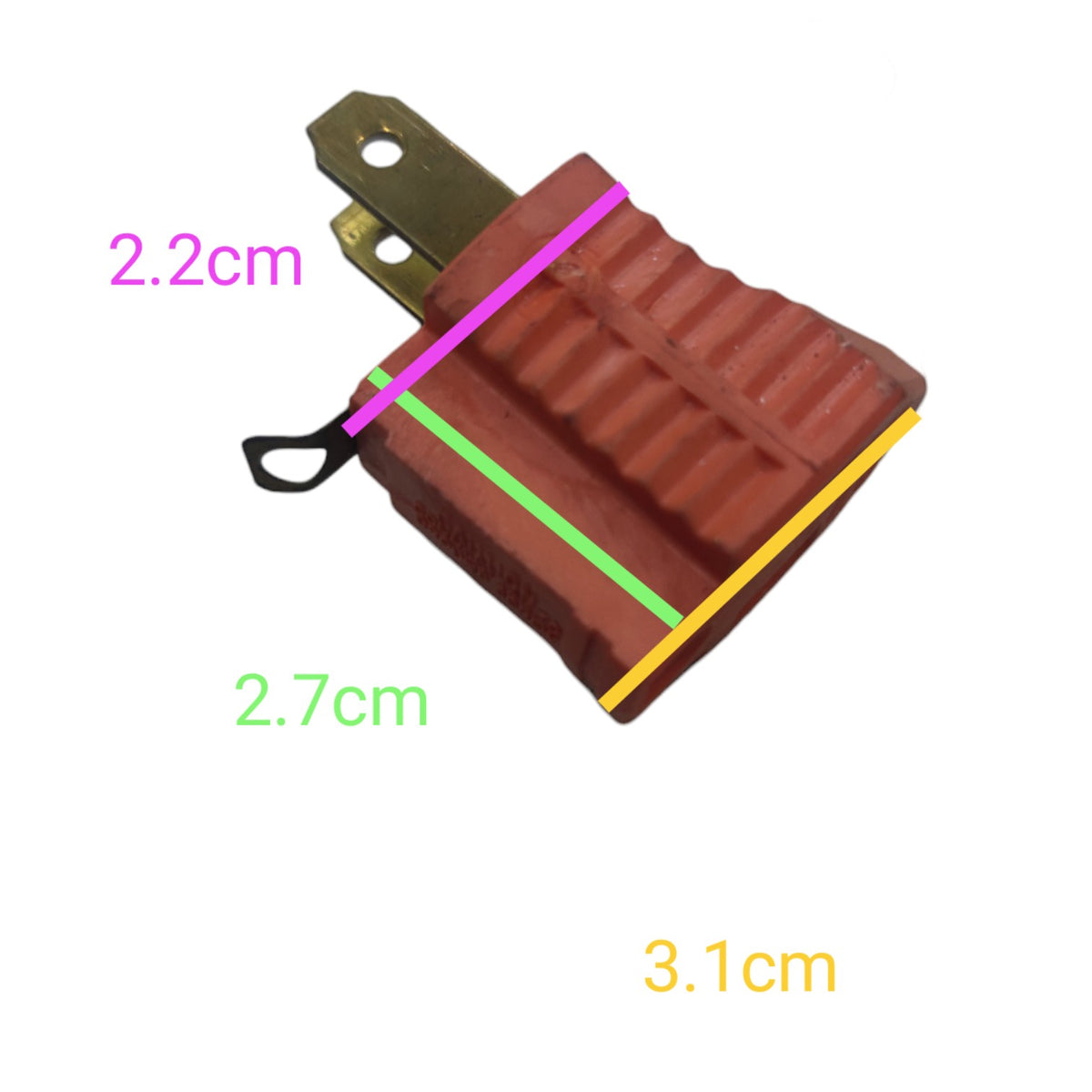 A small brown plastic electrical connector or plug component on a white background with colored measurement lines and labels showing dimensions 2.2cm, 2.