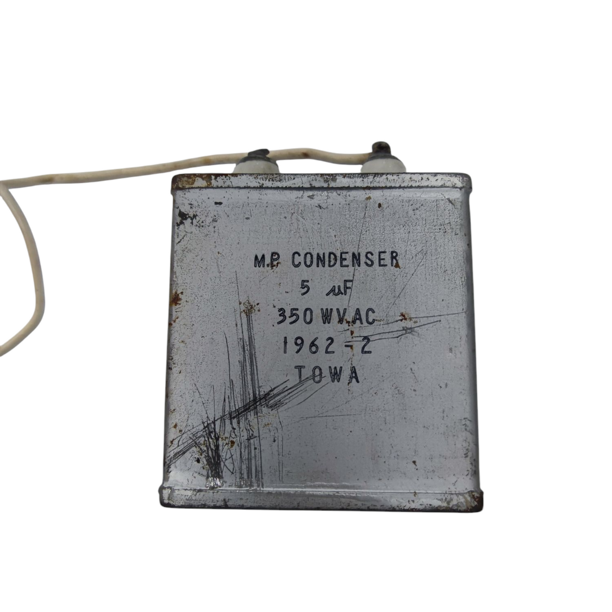 Towa 5uF 350VAC capacitor Condenser Type with metal casing and terminals for electrical applications