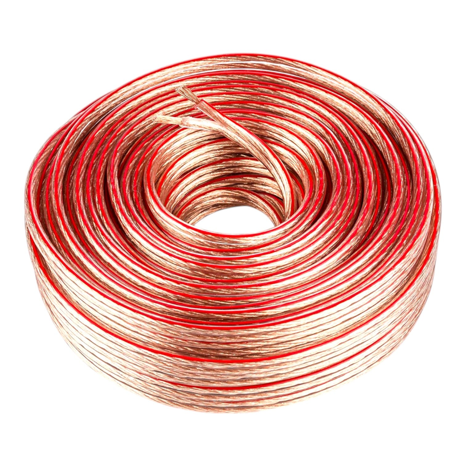 A coiled spool of multi-strand copper wire with red enamel insulation on a solid white background.