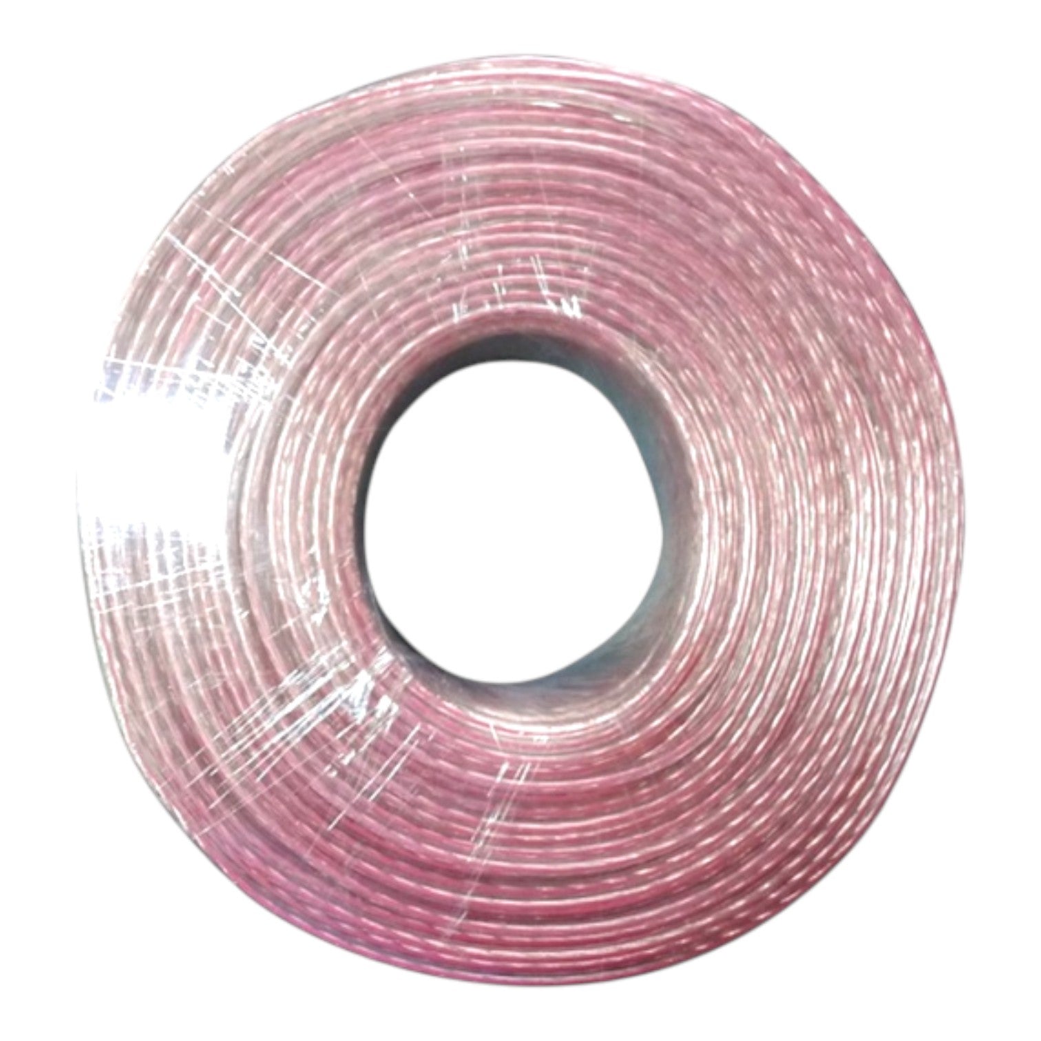 A coiled roll of pink wire or cable on a plain white background.
