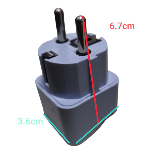 A gray plastic two-pin travel plug adapter with dimension annotations showing 6.7cm height and 3.