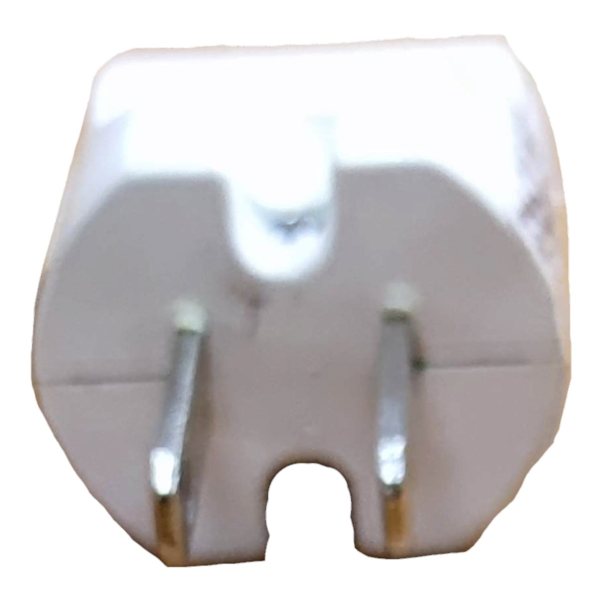A white two-pin electrical plug with silver metal pins, shown against a plain white background.