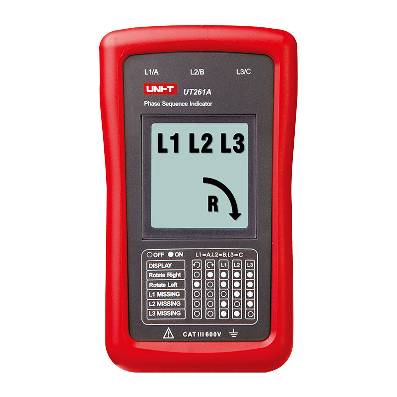 UNI-T UT261A phase sequence indicator front view showing LCD display with L1 L2 L3 phase sequence reading