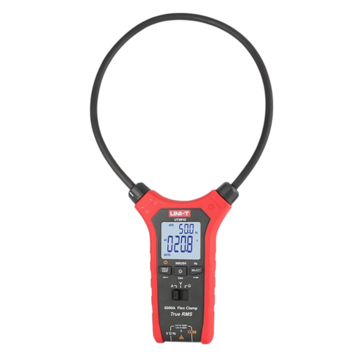 A UNI-T UT-318A True RMS Clamp Meter with a red and black plastic body, a flexible black loop clamp, and a digital LCD display screen, shown against a plain white background.