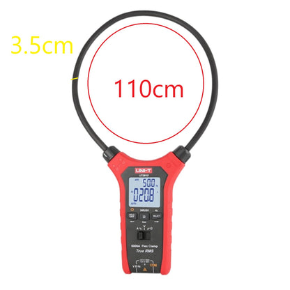 A red and black clamp meter tool with a digital display, shown on a white background with measurement annotations indicating 3.5cm and 110cm.