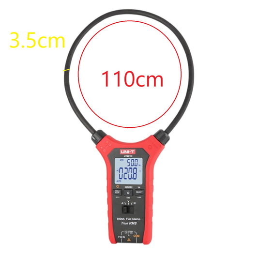 A red and black clamp meter tool with a digital display, shown on a white background with measurement annotations indicating 3.5cm and 110cm.