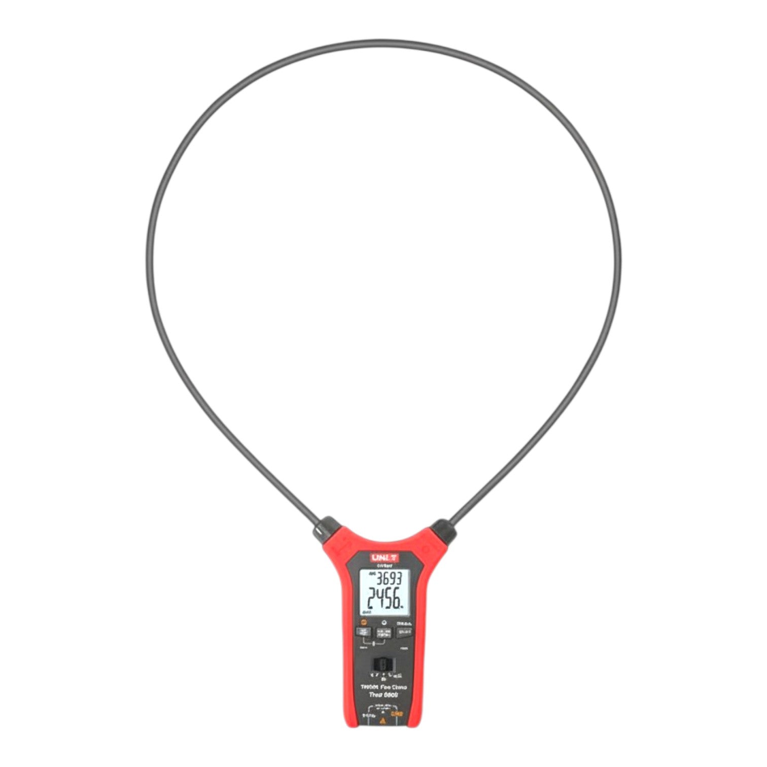 A UNI-T portable clamp meter with a red body, black display screen, and a long black metal probe loop, shown against a plain white background.