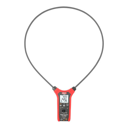 A UNI-T portable clamp meter with a red body, black display screen, and a long black metal probe loop, shown against a plain white background.