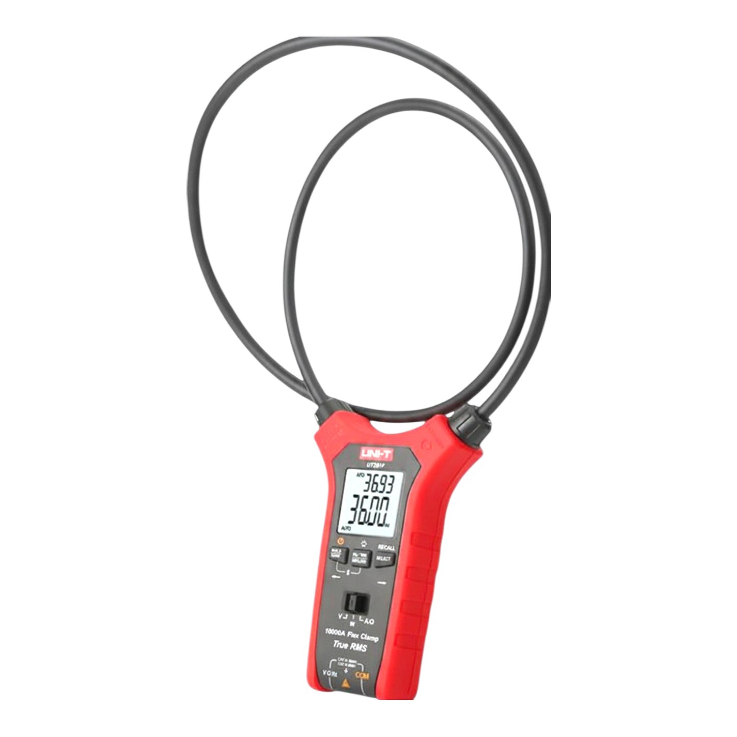 A handheld multimeter clamp meter with a red body, black loop probe, and digital LCD screen, shown on a plain white background.
