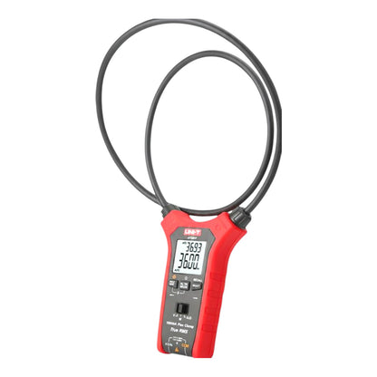 A handheld multimeter clamp meter with a red body, black loop probe, and digital LCD screen, shown on a plain white background.