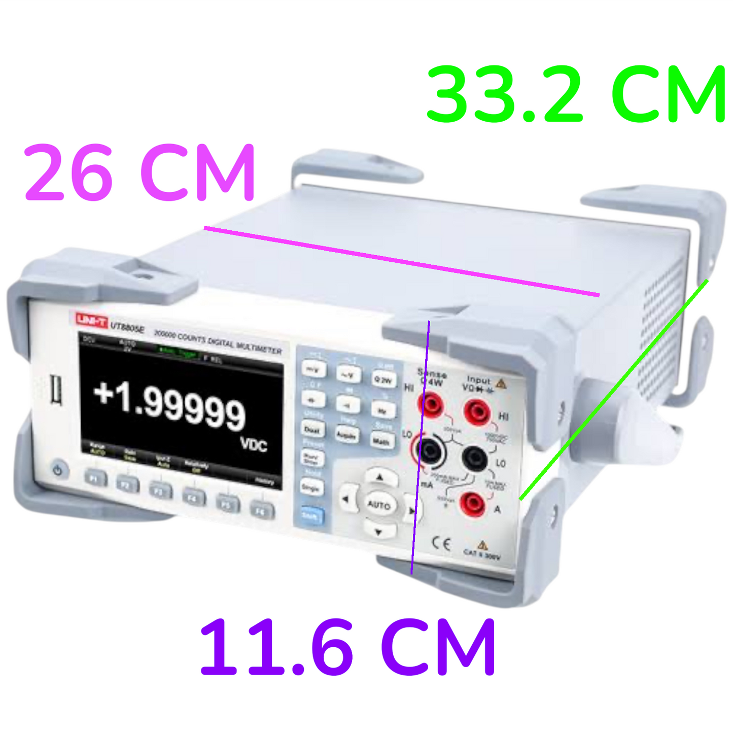 A digital signal generator shown on a white background with overlaid dimension lines and text indicating 33.2 cm width, 26 cm depth, and 11.