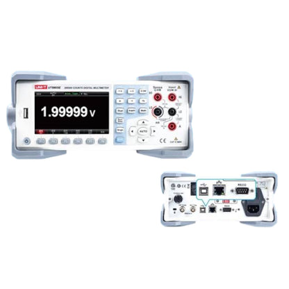 A handheld digital multimeter shown from the front and back on a plain white background. The front view shows a gray and white body with a color screen displaying '1.