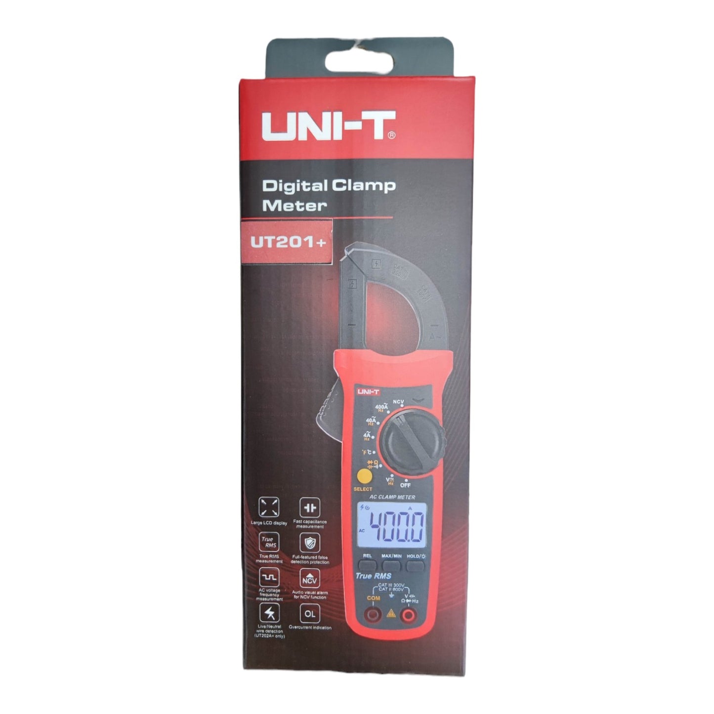 UNI-T digital clamp meter packaging on a white background UNI-T Digital Clamp Multimeter 400A AC 600V AC/DC True RMS UT-201+ Electx Electrical Supply