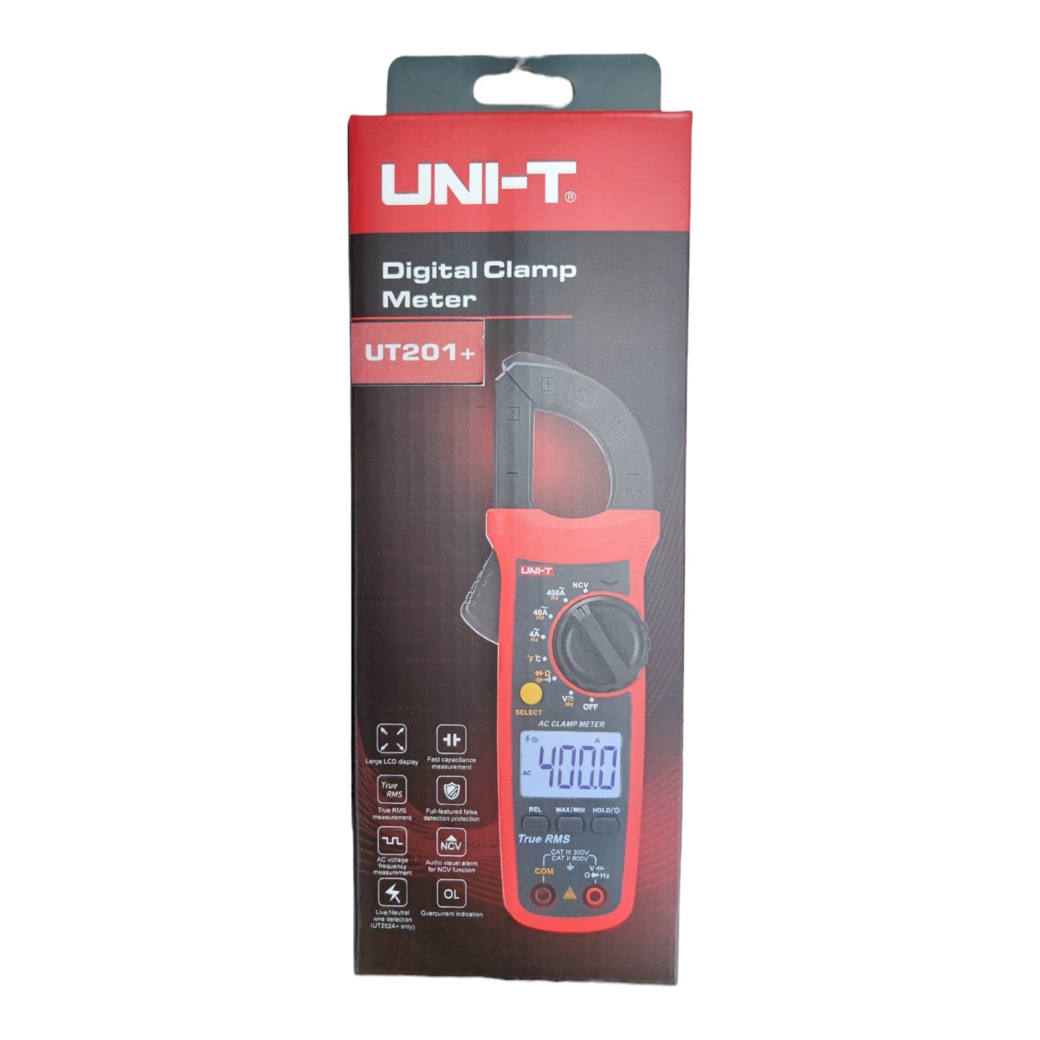 UNI-T digital clamp meter packaging on a white background UNI-T Digital Clamp Multimeter 400A AC 600V AC/DC True RMS UT-201+ Electx Electrical Supply