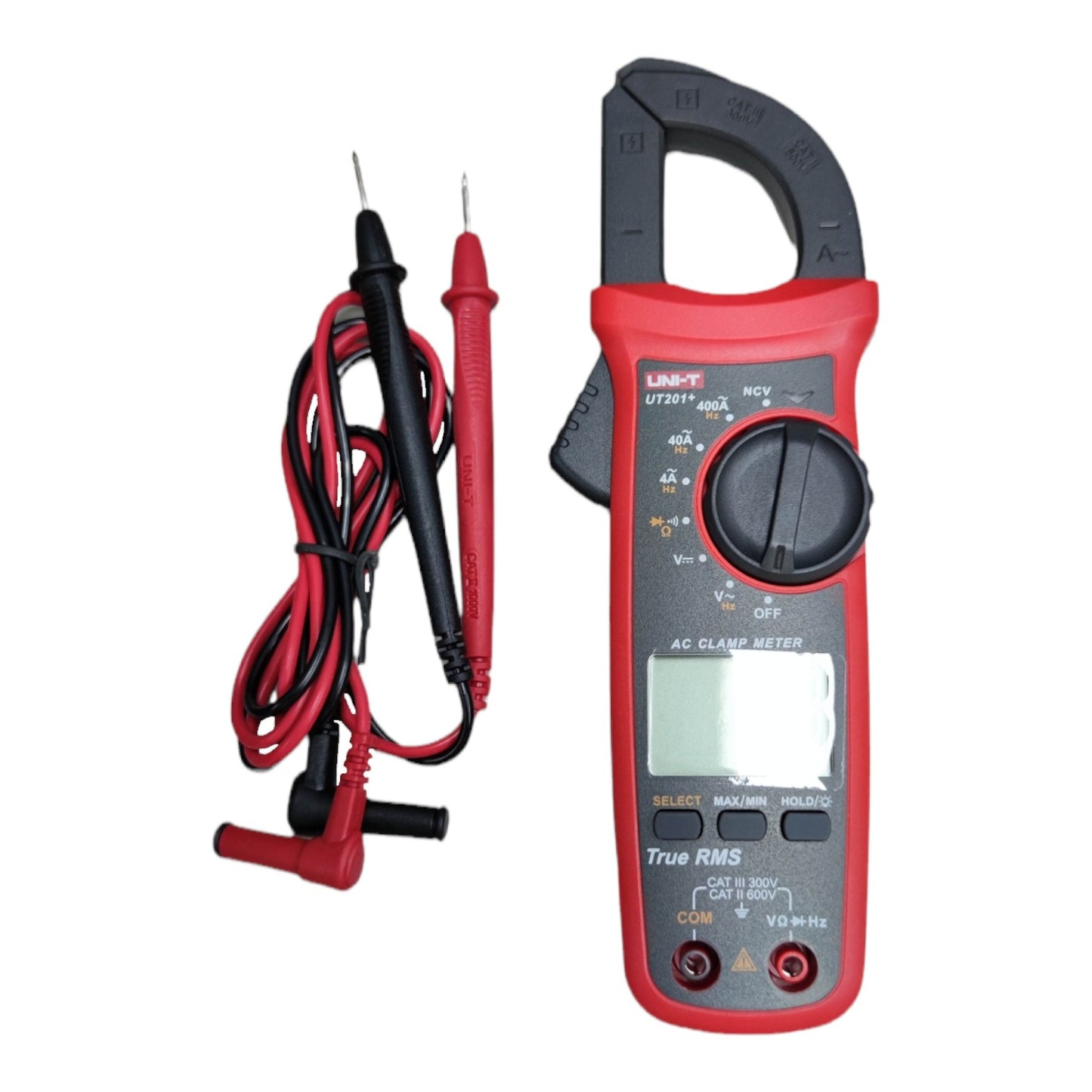Red and black multimeter with probes on a white background UNI-T Digital Clamp Multimeter 400A AC 600V AC/DC True RMS UT-201+ Electx Electrical Supply
