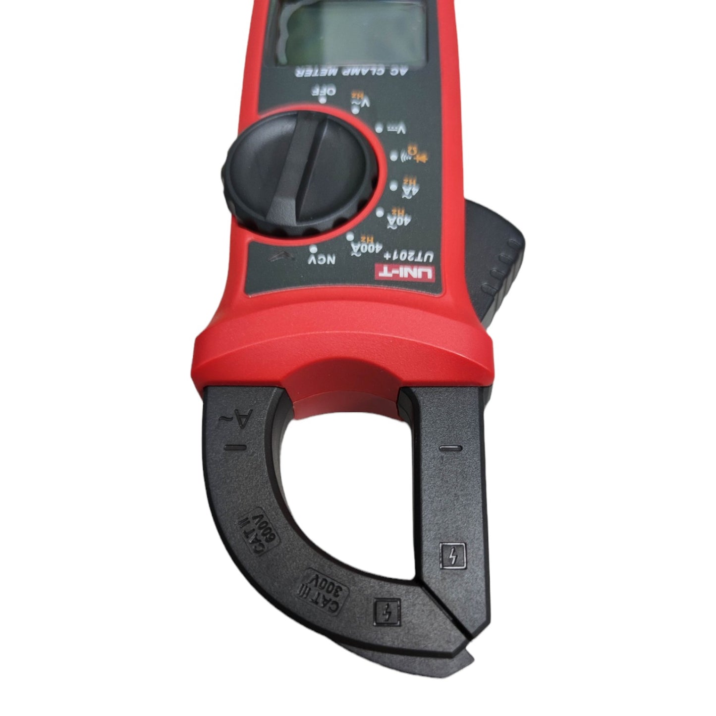 Red and black clamp meter on a white background UNI-T Digital Clamp Multimeter 400A AC 600V AC/DC True RMS UT-201+ Electx Electrical Supply
