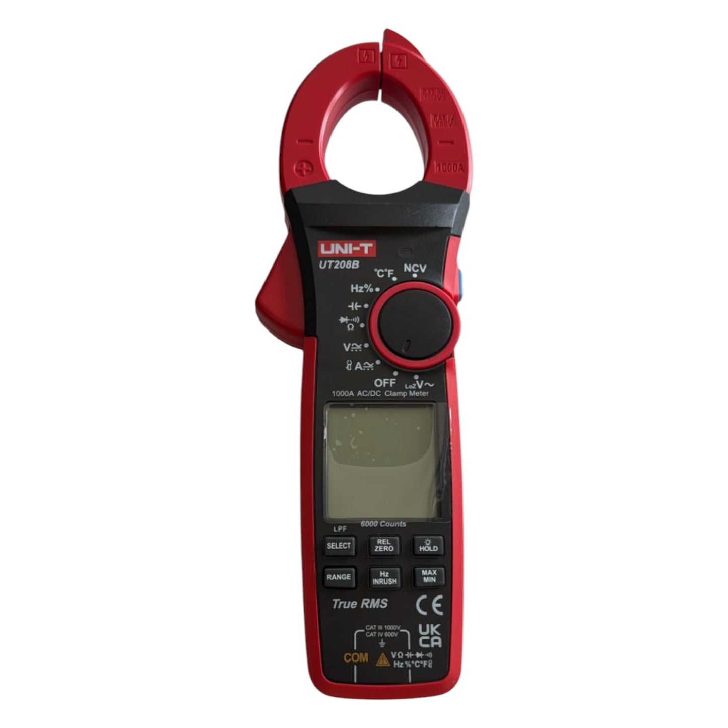 Red and black digital clamp meter on a white background UNI-T Digital Clamp Tester True RMS 1000A Capacity UT208B Electx Electrical Supply