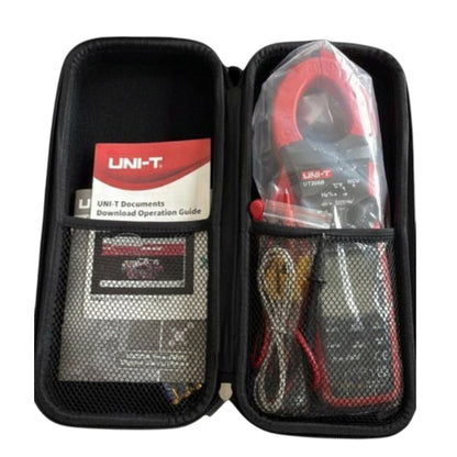 UNI-T digital clamp meter in a carrying case with accessories. UNI-T Digital Clamp Tester True RMS 1000A Capacity UT208B Electx Electrical Supply
