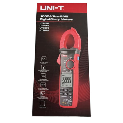 UNI-T digital clamp meter packaging on a white background UNI-T Digital Clamp Tester True RMS 1000A Capacity UT208B Electx Electrical Supply
