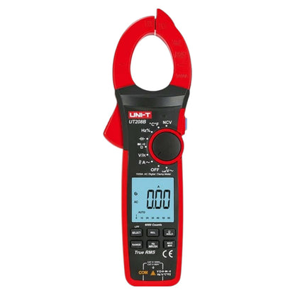 Red digital clamp meter with black display on a white background UNI-T Digital Clamp Tester True RMS 1000A Capacity UT208B Electx Electrical Supply