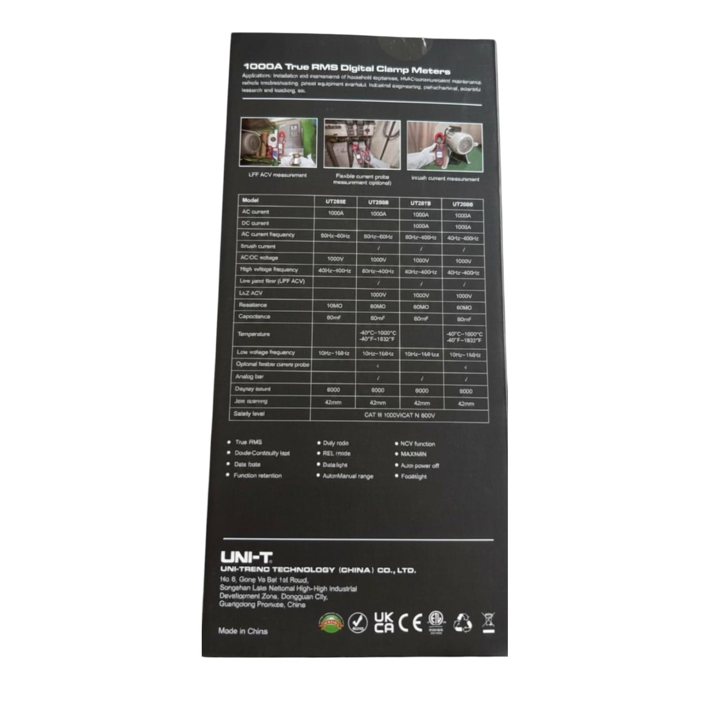 Back view of a digital clamp meter packaging with specifications and branding. UNI-T Digital Clamp Tester True RMS 1000A Capacity UT208B Electx Electrical Supply