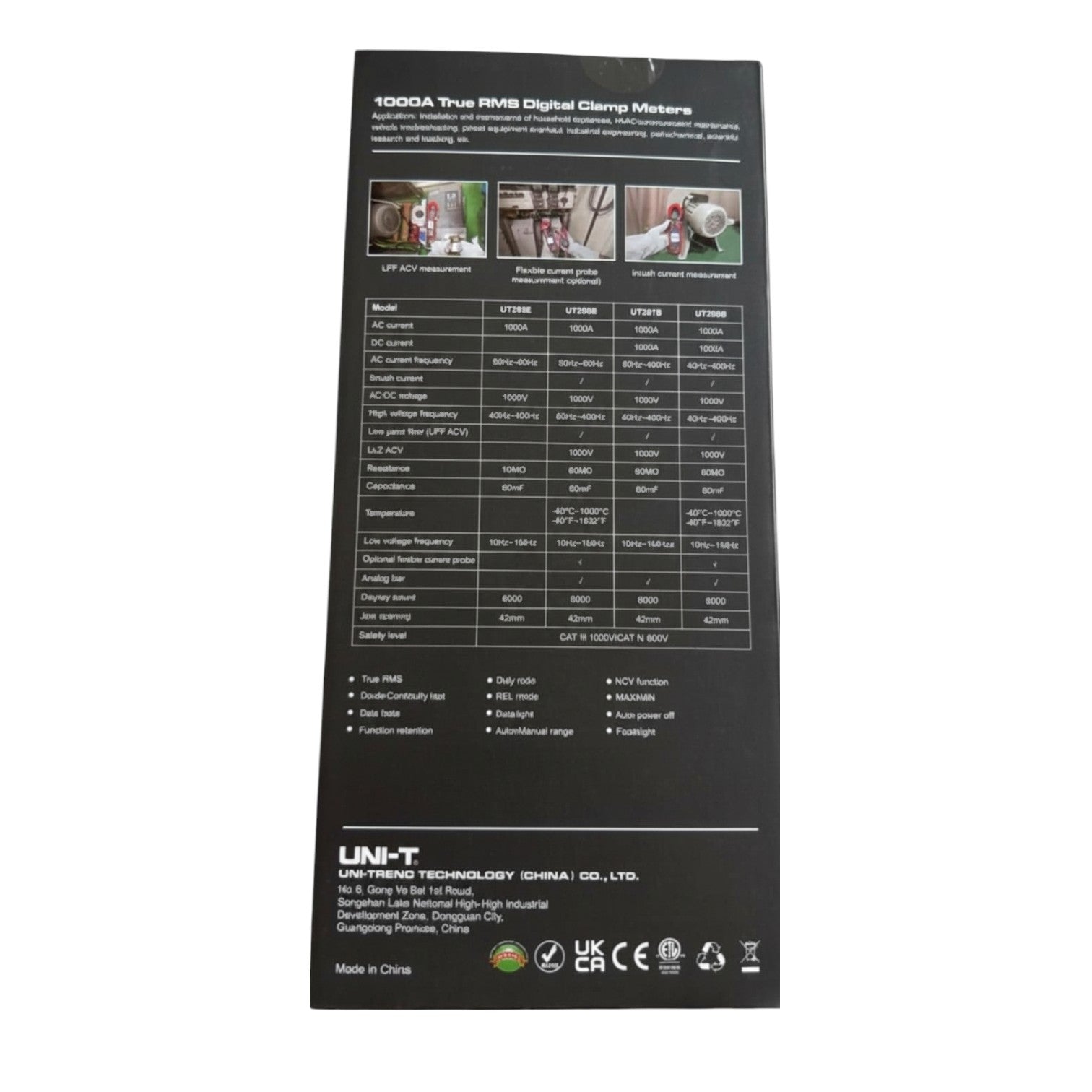 Back view of a digital clamp meter packaging with specifications and branding. UNI-T Digital Clamp Tester True RMS 1000A Capacity UT208B Electx Electrical Supply