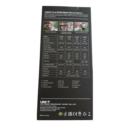 Back view of a digital clamp meter packaging with specifications and branding. UNI-T Digital Clamp Tester True RMS 1000A Capacity UT208B Electx Electrical Supply