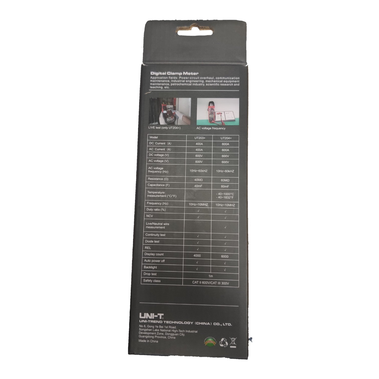 Black packaging of a digital clamp meter with text and images on a white background UNI-T Digital Clamp Tester with Digital LCD Multimeter UT-204+ 600A DC / AC Electx Electrical Supply