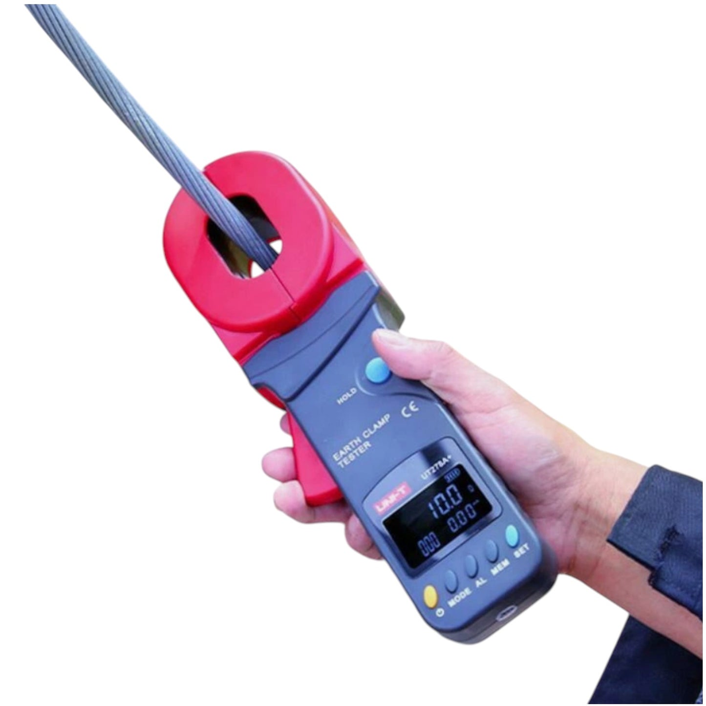 Hand holding a digital clamp meter with a white background UNI-T Digital Clamp Type Insulation Tester 40A 600V UT278A+ Digital Resistance Tester Electx Electrical SUpply