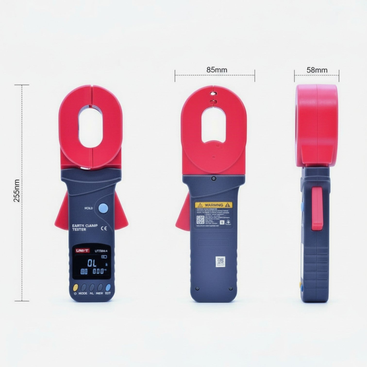 Electrical clamp meter with red clamps and blue body, shown from three angles with dimensions indicated. UNI-T Digital Clamp Type Insulation Tester 40A 600V UT278A+ Digital Resistance Tester Electx Electrical SUpply