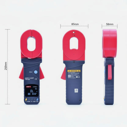 Electrical clamp meter with red clamps and blue body, shown from three angles with dimensions indicated. UNI-T Digital Clamp Type Insulation Tester 40A 600V UT278A+ Digital Resistance Tester Electx Electrical SUpply